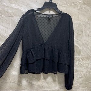 Black long sleeve dotted see through blouse
